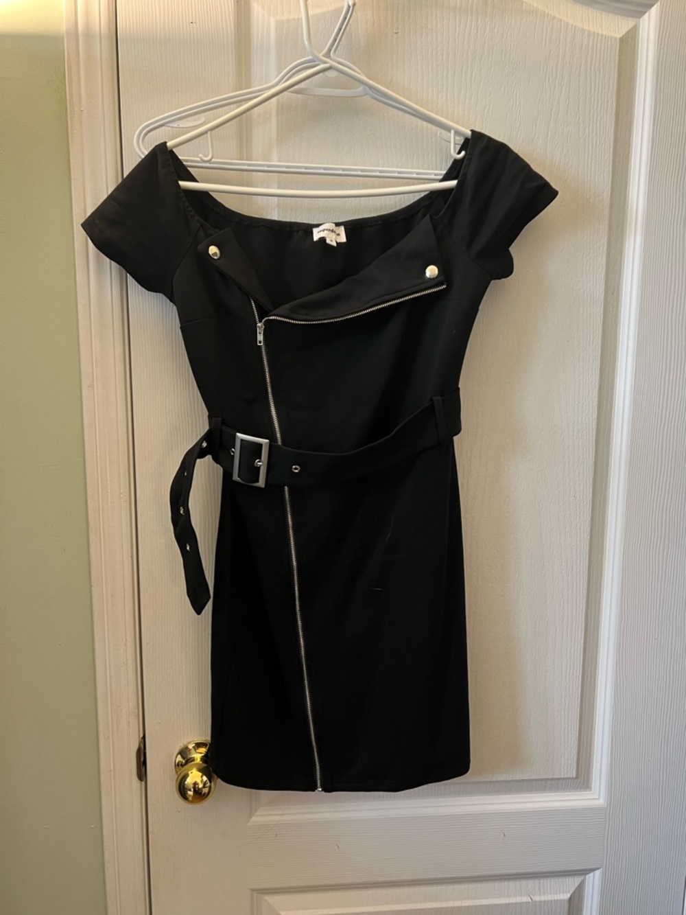 superdown Black Off-Shoulder Moto Bodycon Mini Dress